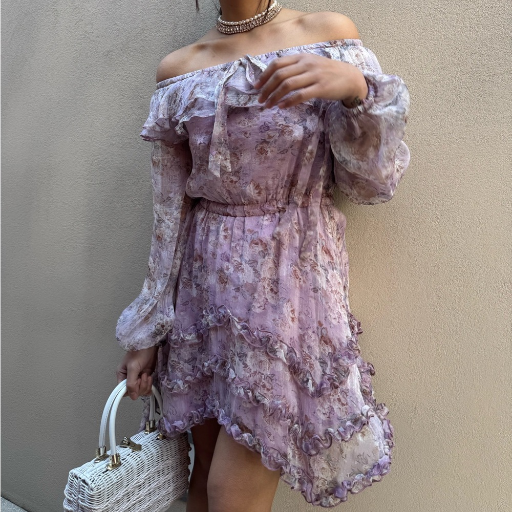 Lavender Floral Off-Shoulder Ruffle Long Sleeve Mini Dress - Size Small